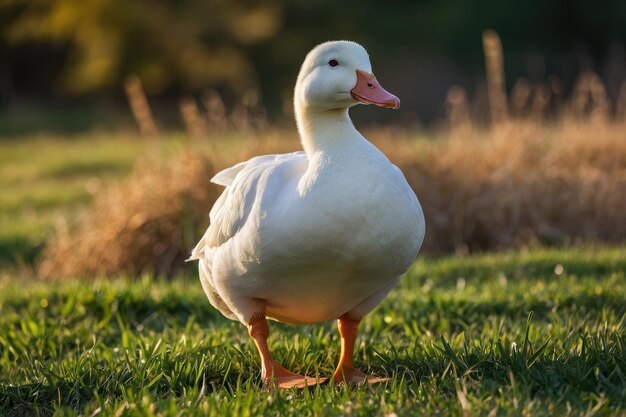 un canard blanc debout dans un champ