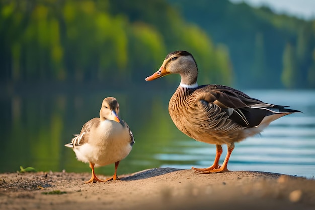 Un canard et un canard au bord d'une rivière