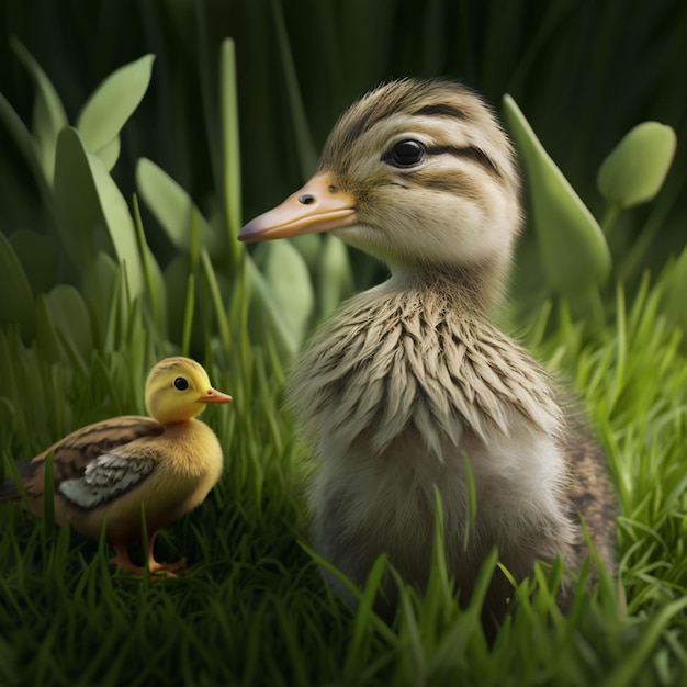 Un canard et un canard se tiennent dans l'herbe.