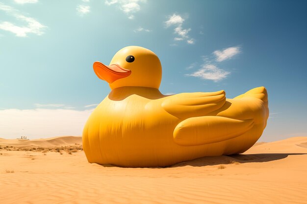 Photo un canard en caoutchouc coincé dans le désert en raison du changement climatique, des températures élevées et de la sécheresse.