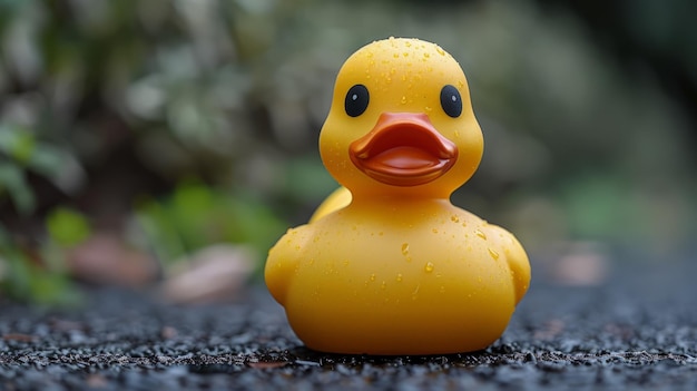 Un canard en caoutchouc jaune assis sur le sol