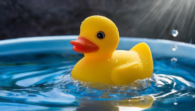 Un canard en caoutchouc jaune dans l'eau bleue Un jouet de natation