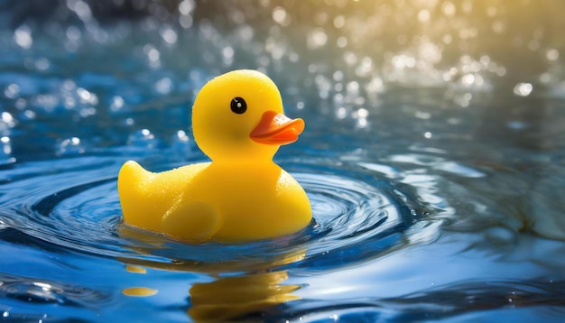 Un canard en caoutchouc jaune dans l'eau bleue Un jouet de natation