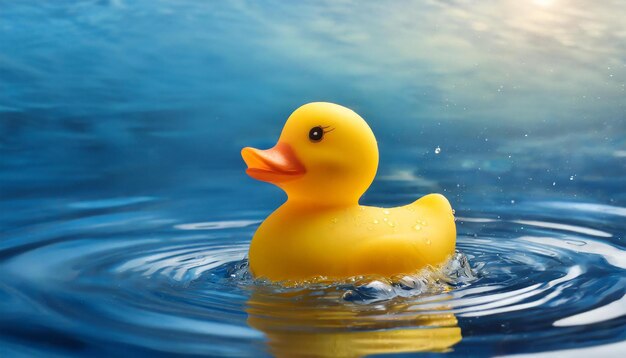 Un canard en caoutchouc jaune dans l'eau bleue Un jouet de natation