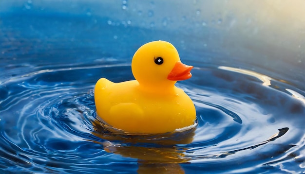 Un canard en caoutchouc jaune dans l'eau bleue Un jouet de natation