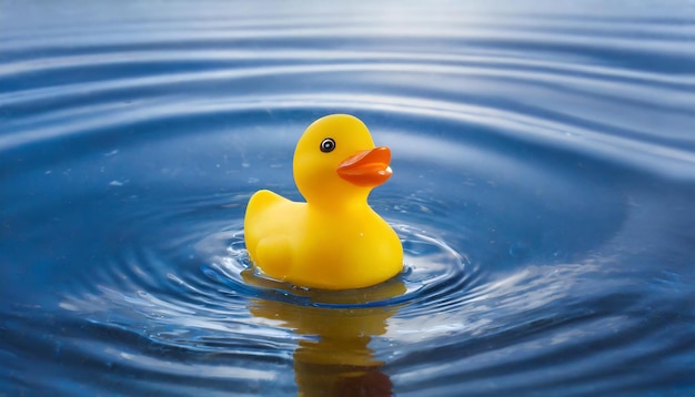Un canard en caoutchouc jaune dans l'eau bleue Un jouet de natation