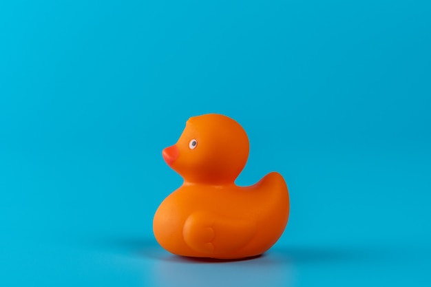 Canard en caoutchouc orange sur fond bleu.