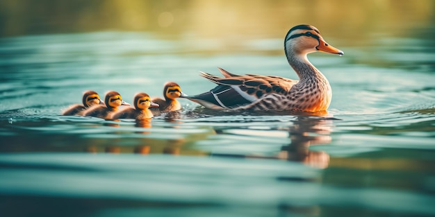 Canard colvert avec ses bébés nagent sur le lac aux beaux jours