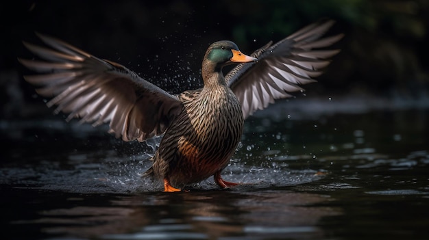 Un canard dans l'eau avec ses ailes déployées