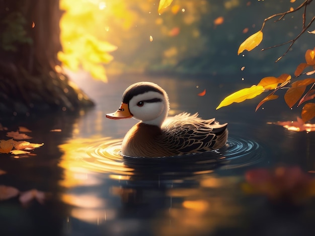 Un canard dans un étang avec des feuilles sur l'eau