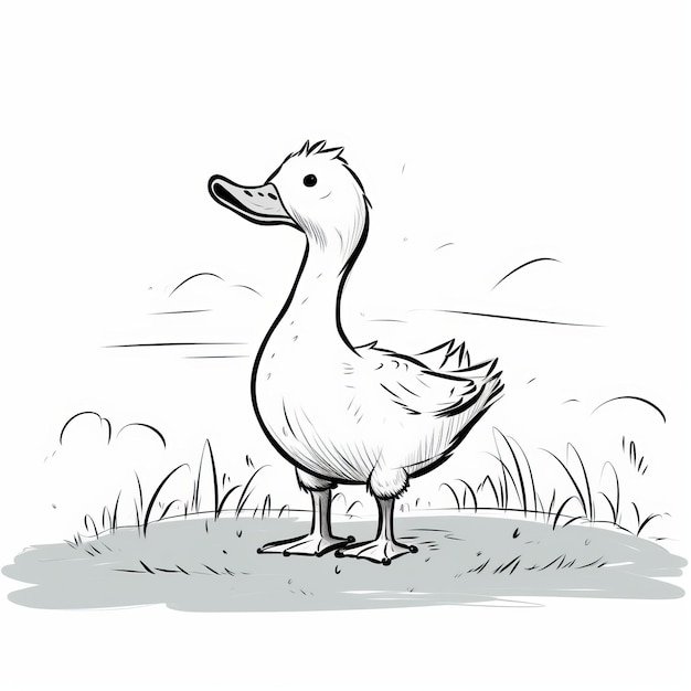 Le canard de dessin animé debout dans le champ Illustration en noir et blanc