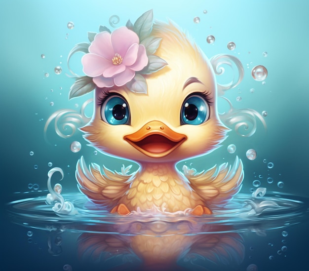 canard de dessin animé avec une fleur dans les cheveux assis dans l'eau