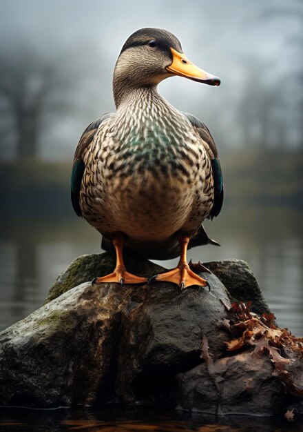 Le canard est assis sur un rocher dans l'étang un jour de brouillard.