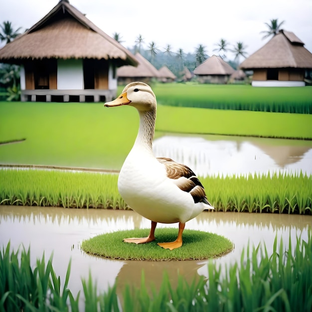 un canard est debout dans les rizières