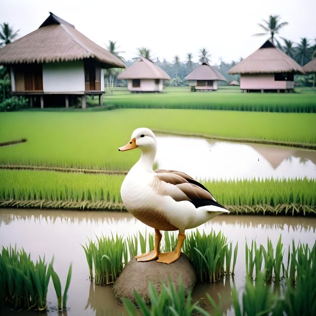 un canard est debout sur un rocher dans un champ de riz