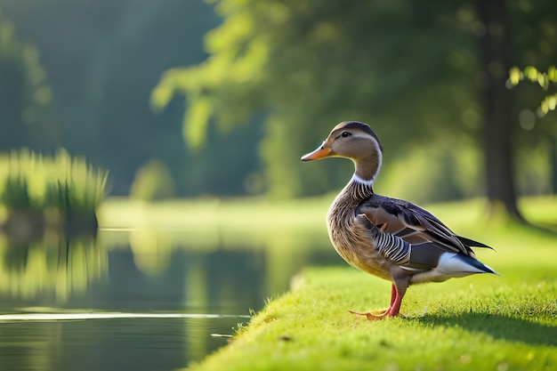 Un canard sur un étang au soleil