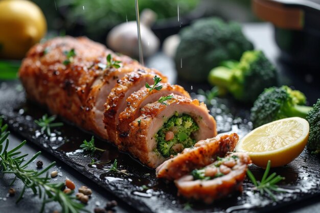 canard farci frit tranché avec des feuilles de citron brocoli ail et romarin