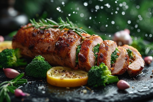 canard farci frite tranché avec des feuilles de citron, du brocoli, de l'ail et du romarin