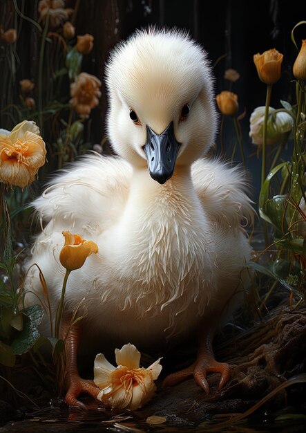 un canard avec des fleurs jaunes à l'arrière-plan et un canard with yellow flowers