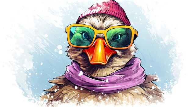 Photo un canard hipster vraiment heureux avec un chapeau et une écharpe joue aux boules de neige illustration hivernale
