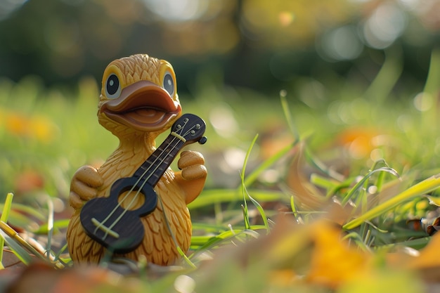 Le canard joue du ukulélé à la guitare avec une note de musique