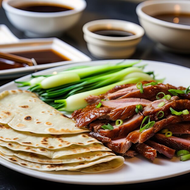 Canard laqué avec crêpes et oignons verts