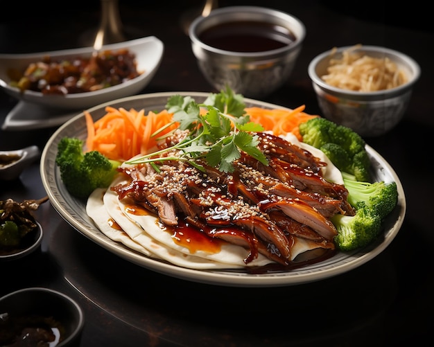 Le canard laqué est un plat chinois où le canard est frit jusqu'à ce qu'il soit croustillant et servi avec une sauce hoisin sur pain plat et des légumes générés par l'IA.