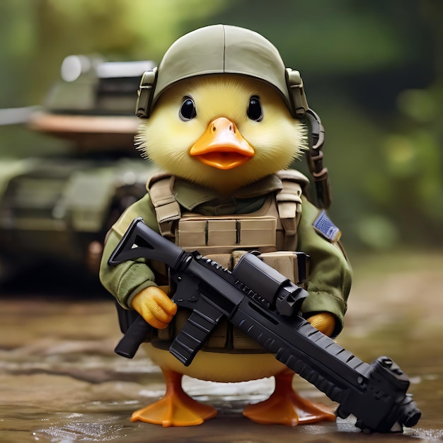 canard mignon avec un équipement militaire généré par l'IA