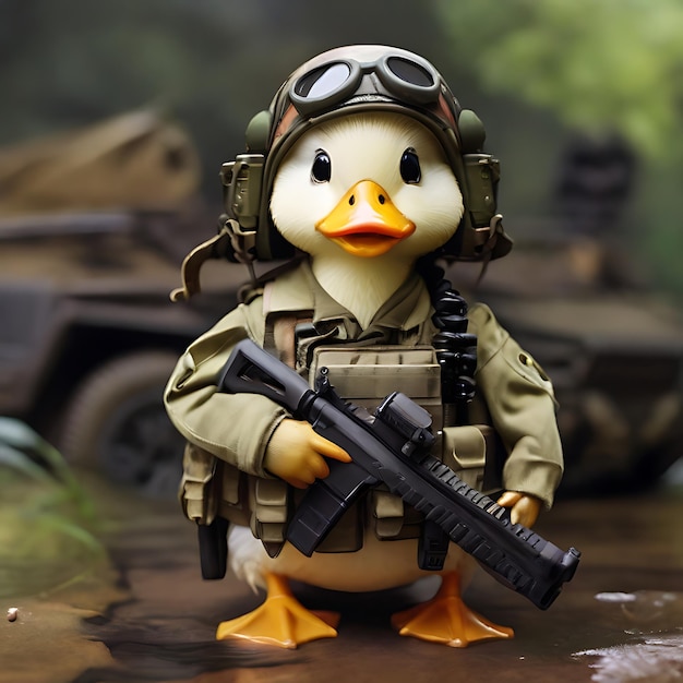 canard mignon avec un équipement militaire généré par l'IA