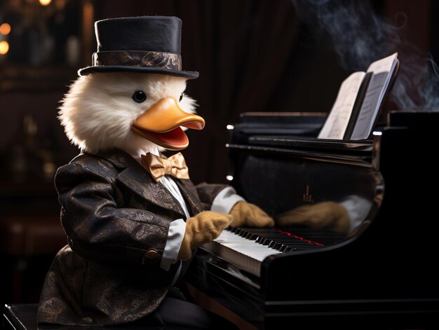 Photo canard mignon en tenue de suite jouant du piano sur fond blanc ai generative image