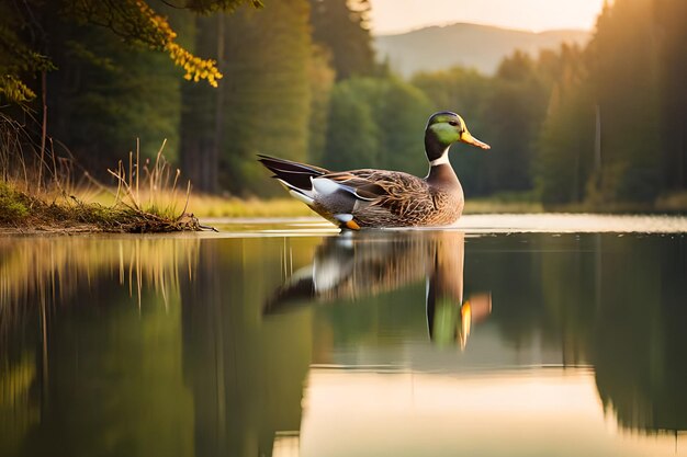 Un canard nage dans un lac avec le soleil se couchant derrière lui.