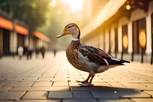 Un canard sur une passerelle en brique dans une ville