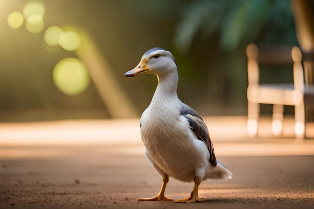 Un canard sur un patio avec un arrière-plan flou