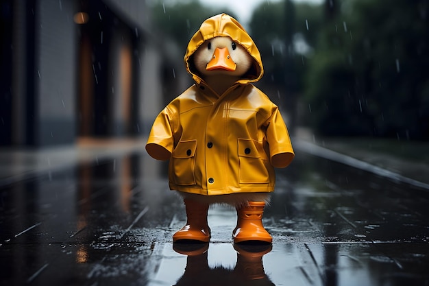 Un canard portant un imperméable jaune et c