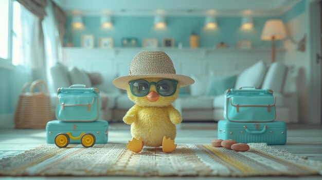 un canard portant des lunettes de soleil est assis sur un tapis avec un train jouet et une voiture jouet