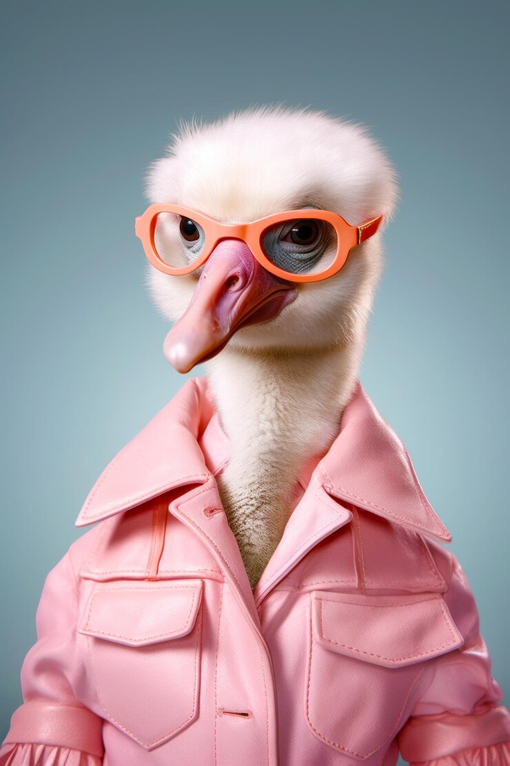 Photo canard portant une veste rose et des lunettes roses avec une veste rose sur generative ai
