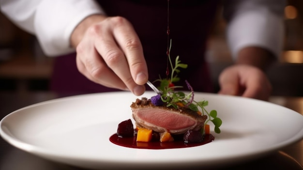 Canard rose poêlé sur lit de purée de panais avec légumes d'automne de saison Illustration AI Gene