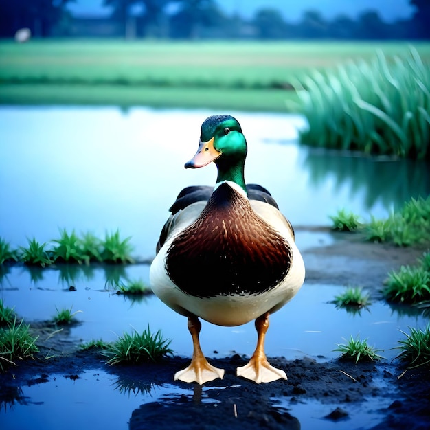 un canard se tient dans la boue près d'un étang