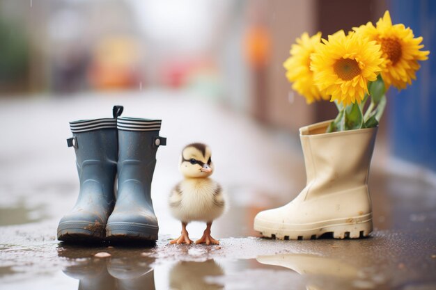 Un canard solitaire à côté de bottes en caoutchouc