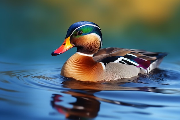 Un canard à tête bleue et bec orange nage dans un étang.