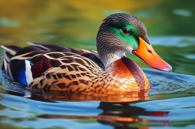 Un canard à tête verte et à bec rouge nage dans un étang.