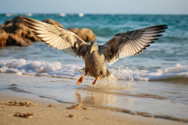 Un canard en vol au-dessus de la plage. Ses ailes s'étendent sur la côte.