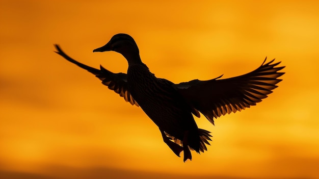 un canard vole devant un ciel au coucher du soleil