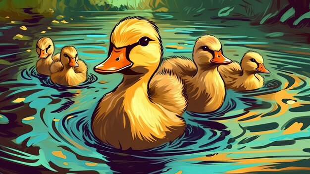 Des canards adorables qui suivent leur mère Concept fantastique Peinture d'illustration