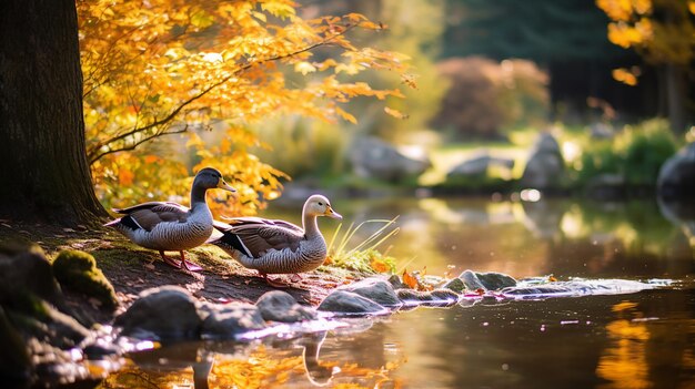 canards au bord d'un étang