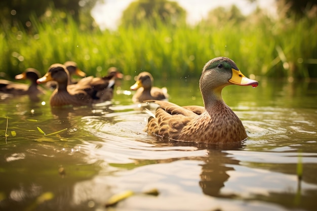 Photo des canards sur l'étang en été.