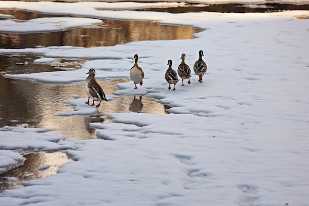 Photo des canards explorant un étang gelé en hiver