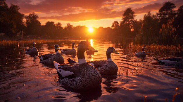 Des canards sur un lac serein au coucher du soleil avec une chaude lumière dorée réfléchie sur l'eau