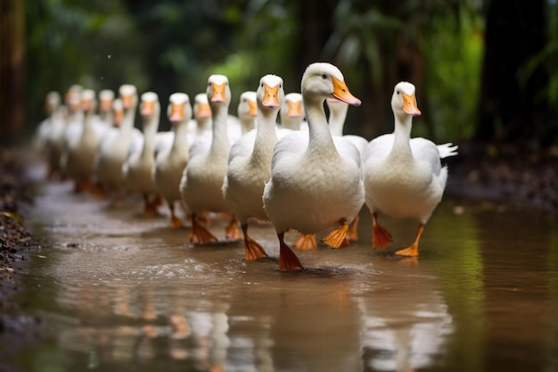 Canards marchant en file indienne