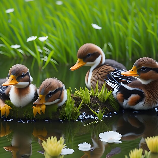 Canards mignons vivant dans la nature Un canard accroupi au bord de l'étang réaliste